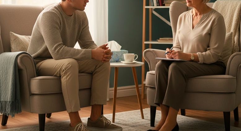 Мужчина сидит в кабинете психотерапевта